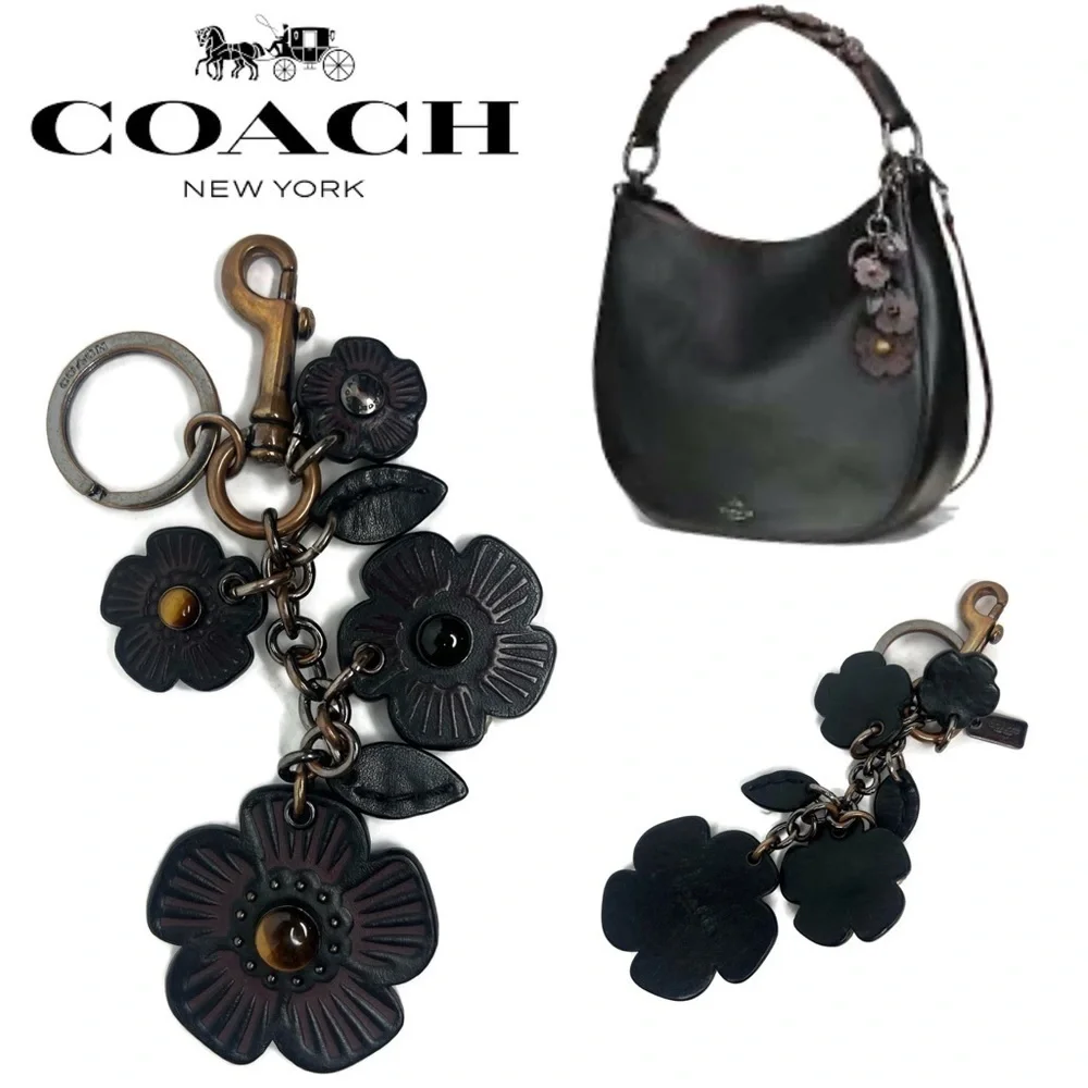 Coach Tea Rose Mix Willow Floral Bag Charm Keychain Black Oxblood 56721 Tearose_14